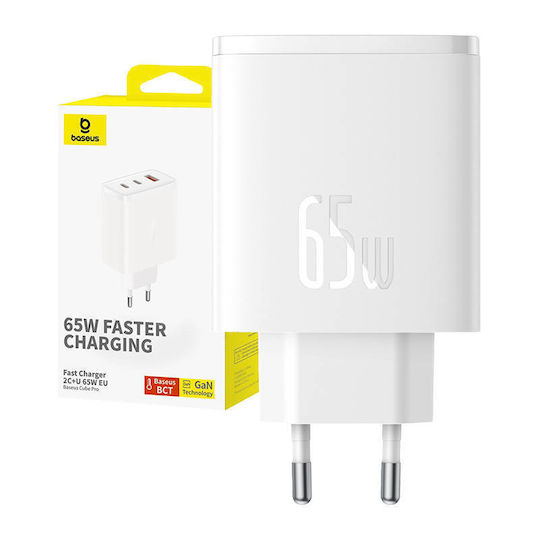 Baseus Φορτιστής Χωρίς Καλώδιο GaN με Θύρα USB-A και 2 Θύρες USB-C 65W Power Delivery / Quick Charge 3.0 Λευκός (Cube Pro)