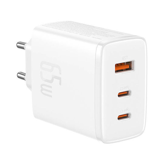 Baseus Φορτιστής Χωρίς Καλώδιο GaN με Θύρα USB-A και 2 Θύρες USB-C 65W Power Delivery / Quick Charge 3.0 Λευκός (Cube Pro) - Image 3