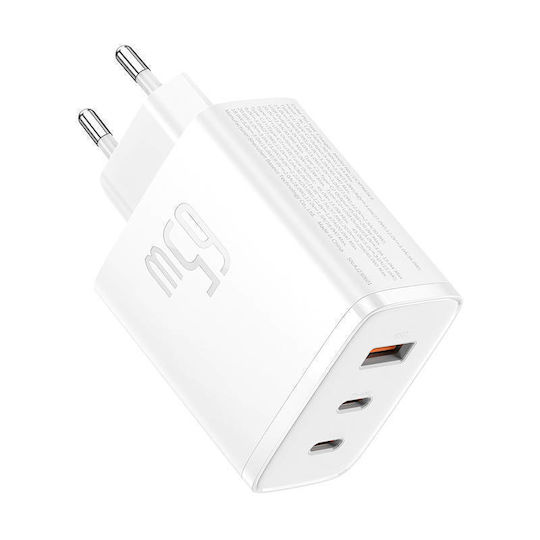 Baseus Φορτιστής Χωρίς Καλώδιο GaN με Θύρα USB-A και 2 Θύρες USB-C 65W Power Delivery / Quick Charge 3.0 Λευκός (Cube Pro) - Image 5