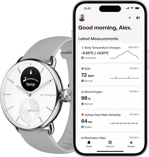 Withings ScanWatch 2 Stainless Steel 38mm Αδιάβροχο με Παλμογράφο (Pearl White) - Image 3