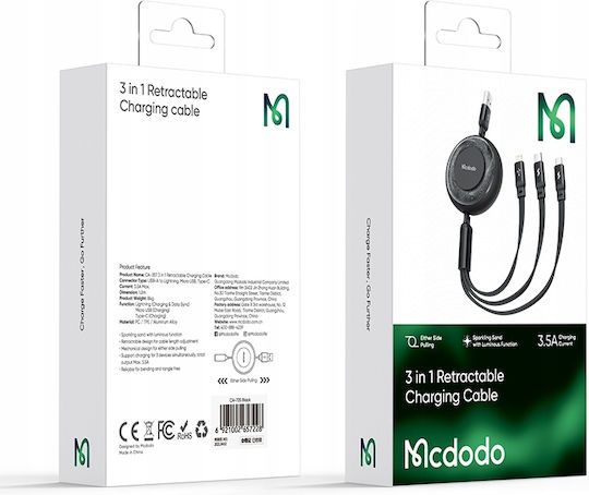 Mcdodo Flat / Retractable USB to Lightning / Type-C / micro USB Cable Μαύρο (CA-3730) - Image 12
