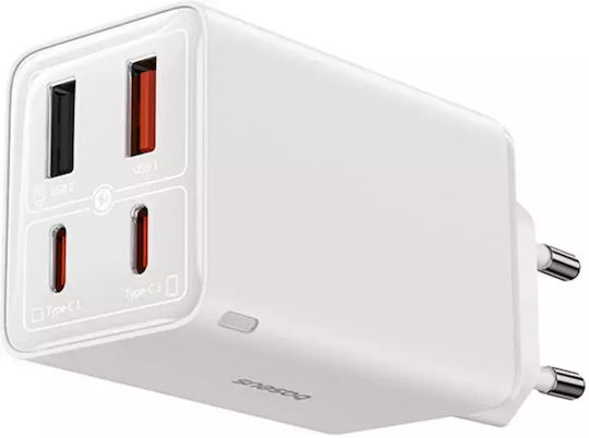 Baseus Φορτιστής Χωρίς Καλώδιο GaN με 2 Θύρες USB-A και 2 Θύρες USB-C 65W Power Delivery Λευκός (P10162701213-00)
