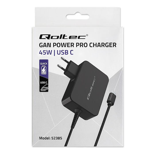 Qoltec Φορτιστής με Ενσωματωμένο Καλώδιο GaN USB-C 45W Μαύρος (POWER PRO) - Image 2