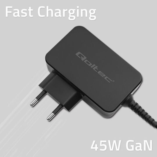 Qoltec Φορτιστής με Ενσωματωμένο Καλώδιο GaN USB-C 45W Μαύρος (POWER PRO) - Image 3