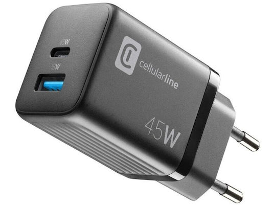 Cellular Line Φορτιστής Χωρίς Καλώδιο GaN με Θύρα USB-A και Θύρα USB-C 45W Μαύρος (ACHUSBGAN2PD45WK) - Image 2