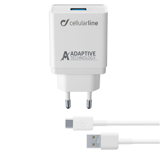 Cellular Line Φορτιστής με Θύρα USB-A και Καλώδιο USB-C 15W Λευκός (ACHSMKIT15WTYCW)