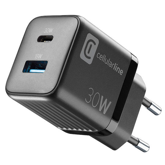 Cellular Line Φορτιστής Χωρίς Καλώδιο GaN με Θύρα USB-A και Θύρα USB-C 30W Power Delivery Μαύρος (Multipower Micro)