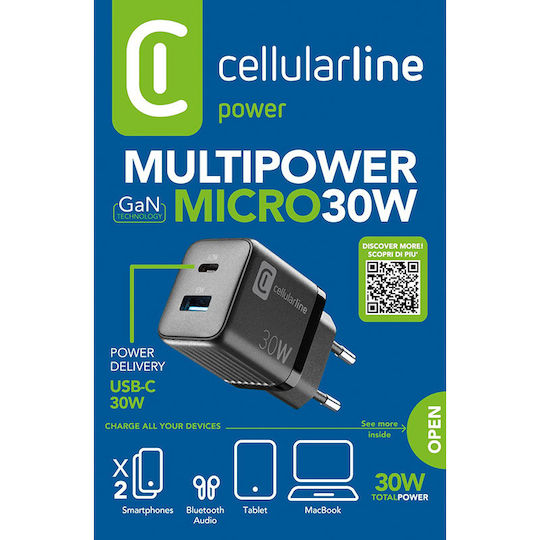Cellular Line Φορτιστής Χωρίς Καλώδιο GaN με Θύρα USB-A και Θύρα USB-C 30W Power Delivery Μαύρος (Multipower Micro) - Image 6