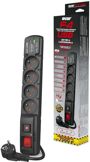 Acar Πολύπριζο Aσφαλείας 4 Θέσεων με 1 USB-A και Καλώδιο 1.5m W2439