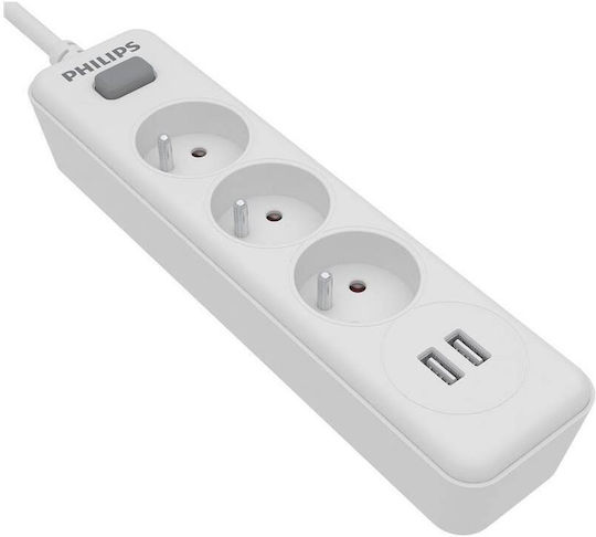 Philips Πολύπριζο Aσφαλείας 3 Θέσεων με 2 USB-A, Διακόπτη και Καλώδιο 2m SPN3032WA/60