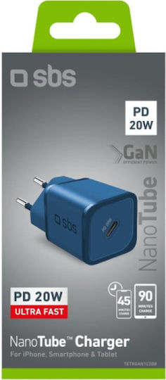 SBS Φορτιστής Χωρίς Καλώδιο GaN με Θύρα USB-C 20W Power Delivery Μπλε (TRGAN1C20B) - Image 3