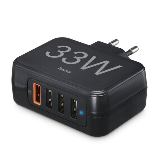 HAMA Φορτιστής Χωρίς Καλώδιο με 4 Θύρες USB-A 33W Quick Charge 3.0 / Power Delivery Μαύρος (00201629)