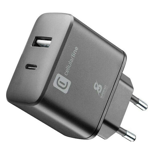 Cellular Line Φορτιστής Χωρίς Καλώδιο με Θύρα USB-A και Θύρα USB-C 25W Power Delivery Μαύρος (ACHSMUSB2PD25WK)