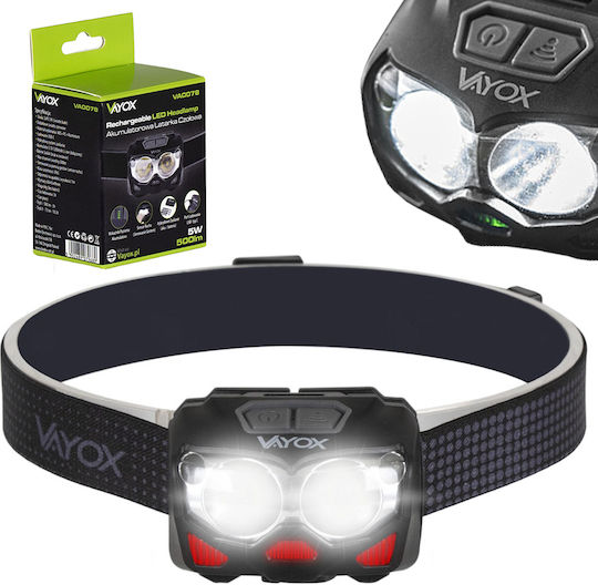 Vayox Επαναφορτιζόμενος Φακός Κεφαλής LED IP65 με Μέγιστη Φωτεινότητα 500lm