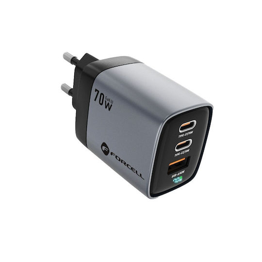 Forcell Φορτιστής Χωρίς Καλώδιο GaN με Θύρα USB-A και 2 Θύρες USB-C 70W Power Delivery / Quick Charge 4.0 Γκρι (VT-37) - Image 2