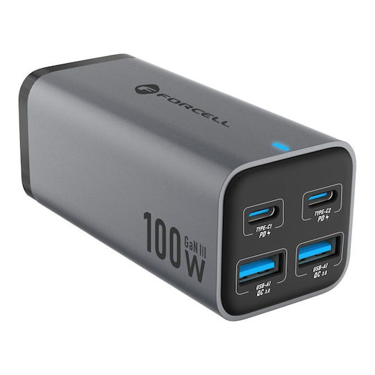 Forcell Βάση Φόρτισης GaN με 2 Θύρες USB-A και 2 Θύρες USB-C 100W Power Delivery / Quick Charge 4.0 σε Γκρι χρώμα (VT-51) - Image 2