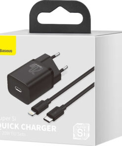 Baseus Φορτιστής με Θύρα USB-C και Καλώδιο USB-C - Lightning 20W Power Delivery Μαύρος (Super Si)