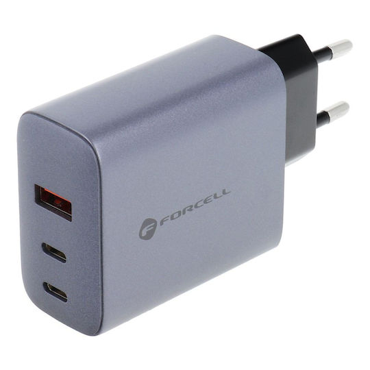 Forcell Φορτιστής Χωρίς Καλώδιο με Θύρα USB-A και 2 Θύρες USB-C 65W Power Delivery / Quick Charge 4.0 Γκρι