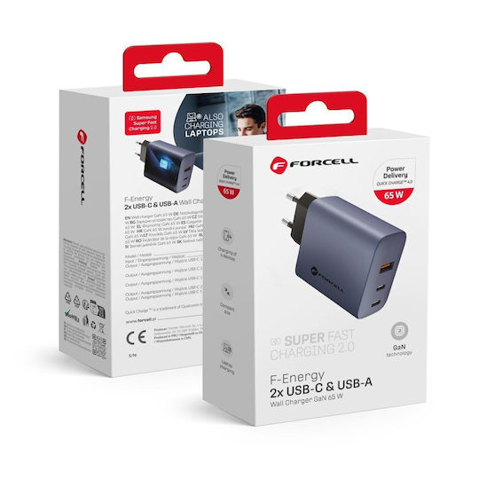 Forcell Φορτιστής Χωρίς Καλώδιο με Θύρα USB-A και 2 Θύρες USB-C 65W Power Delivery / Quick Charge 4.0 Γκρι - Image 2