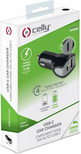 Celly Φορτιστής Αυτοκινήτου 17W 3.4A με Θύρες: 1xUSB 1xType-C μαζί με Καλώδιο Type-C Μαύρος CCTYPECUSBBK - Image 3