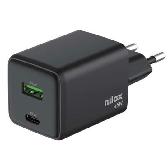 Nilox Φορτιστής Χωρίς Καλώδιο με Θύρα USB-A και Θύρα USB-C 45W Μαύρος (NXGANUSBC45)