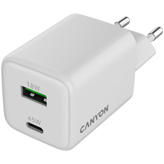 Canyon Φορτιστής Χωρίς Καλώδιο GaN με Θύρα USB-A και Θύρα USB-C 45W Power Delivery Λευκός