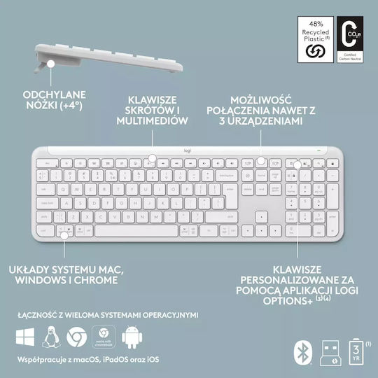 Logitech Signature Slim Combo MK950 Ασύρματο Bluetooth Σετ Πληκτρολόγιο & Ποντίκι Αγγλικό US Λευκό - Image 5