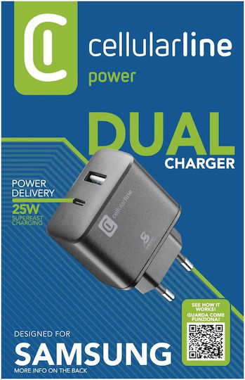 Cellular Line Φορτιστής Χωρίς Καλώδιο με Θύρα USB-A και Θύρα USB-C 25W Power Delivery Μαύρος (ACHSMUSB2PD25WK) - Image 3