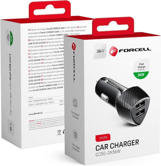 Forcell Φορτιστής Αυτοκινήτου 36W 3A Γρήγορης Φόρτισης με Θύρες: 2xUSB Μαύρος CC50-2A - Image 2