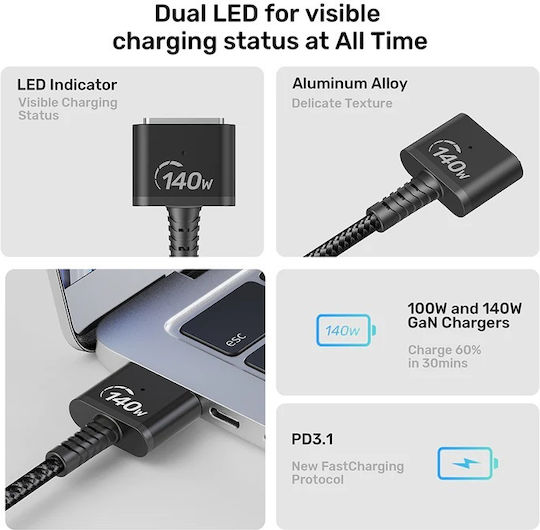 Unitek LED / Magnetic USB 2.0 Cable USB-C male - Magsafe 3 140W Μαύρο 1m C14121BK-1M - Image 8