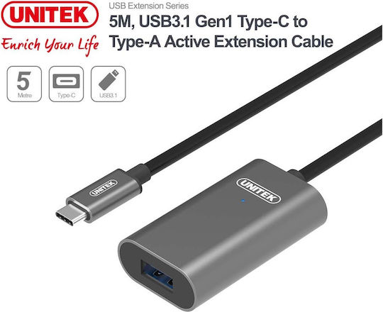 Unitek USB 3.1 Cable USB-C male - USB-A female Μαύρο 5m U304A - Image 3