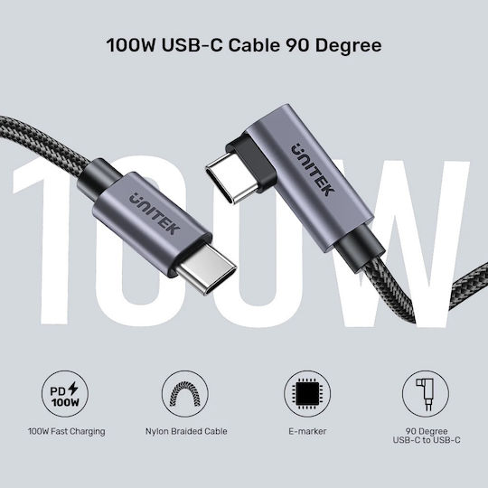 Unitek Angle (90°) USB 2.0 Cable USB-C male - USB-C 100W Μαύρο 2m (C14123BK-2M) - Image 7