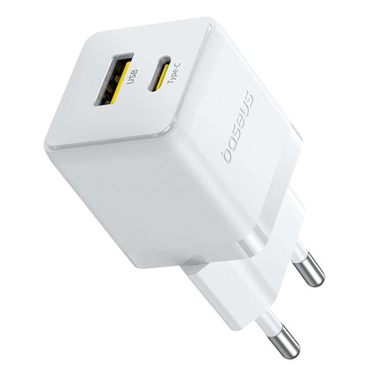 Baseus Φορτιστής Χωρίς Καλώδιο με Θύρα USB-A και Θύρα USB-C 30W Λευκός (Palm)