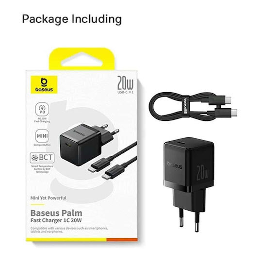 Baseus Φορτιστής με Θύρα USB-C και Καλώδιο USB-C - USB-C 20W Power Delivery Μαύρος (Palm)