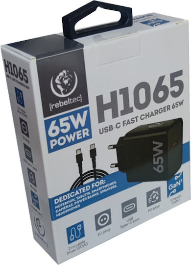 Rebeltec Φορτιστής με Θύρα USB-C και Καλώδιο USB-C - USB-C 65W Power Delivery / Quick Charge 3.0 Μαύρος (H1065) - Image 2