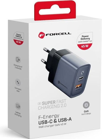 Forcell Φορτιστής Χωρίς Καλώδιο GaN με Θύρα USB-A και Θύρα USB-C 45W Power Delivery / Quick Charge 4.0 Γκρι - Image 3