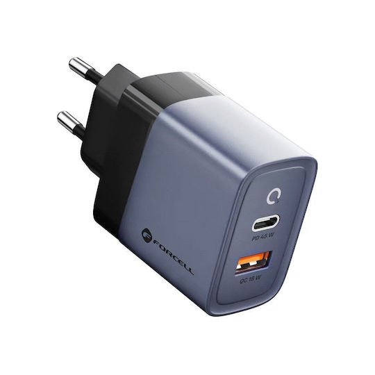 Forcell Φορτιστής Χωρίς Καλώδιο GaN με Θύρα USB-A και Θύρα USB-C 45W Power Delivery / Quick Charge 4.0 Γκρι - Image 5