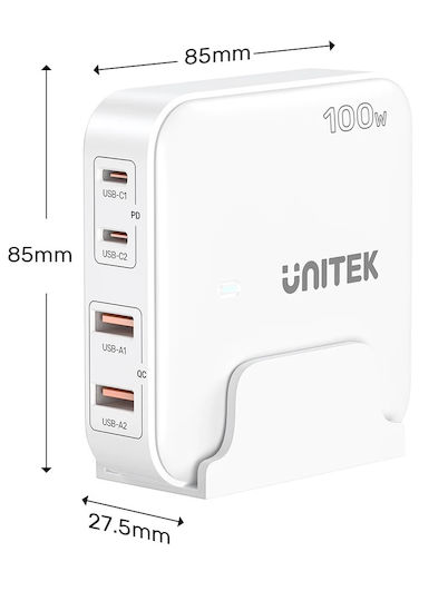 Unitek Φορτιστής Χωρίς Καλώδιο GaN με 2 Θύρες USB-A και 2 Θύρες USB-C 100W Quick Charge 3.0 Λευκός (P1229AWH) - Image 4