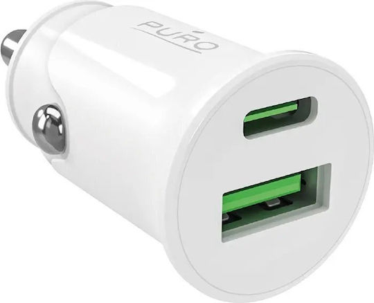 Puro Φορτιστής Αυτοκινήτου 20W Γρήγορης Φόρτισης με Θύρες: 1xUSB 1xType-C Λευκό Χρώμα