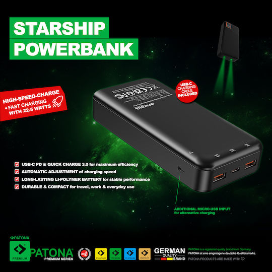 Patona Stark 4.0 Power Bank 20000mAh 22.5W με 2 Θύρες USB-A και Θύρα USB-C Power Delivery Μαύρο - Image 3