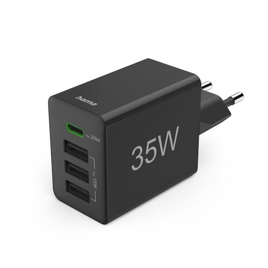 HAMA Φορτιστής Χωρίς Καλώδιο με 3 Θύρες USB-A και Θύρα USB-C 35W Power Delivery / Quick Charge 3.0 Μαύρος (00201990)