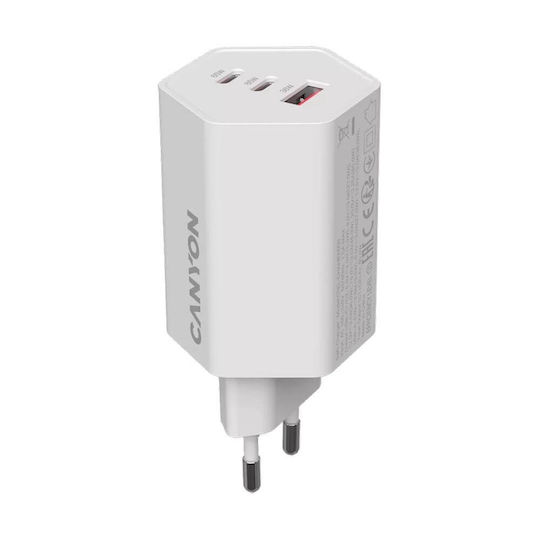 Canyon Φορτιστής Χωρίς Καλώδιο GaN με Θύρα USB-A και 2 Θύρες USB-C 65W Power Delivery Λευκός (CND-CHAHEX65W)