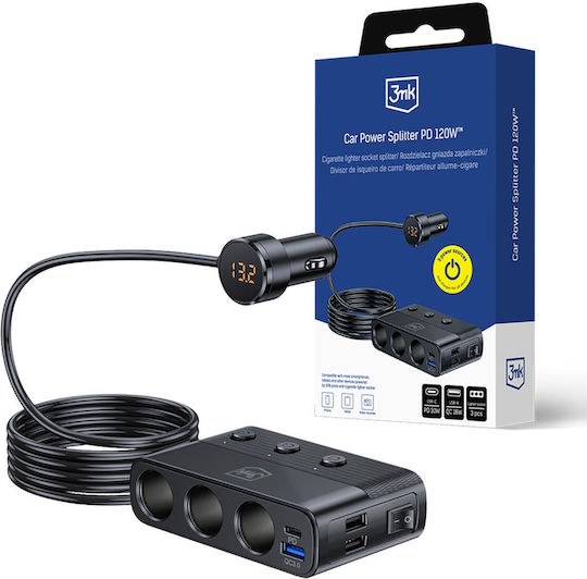 3MK Φορτιστής Αυτοκινήτου 120W 15A Γρήγορης Φόρτισης με Θύρες: 1xUSB 1xType-C μαζί με Καλώδιο Ενσωματωμένο και Βολτόμετρο Μαύρο Χρώμα