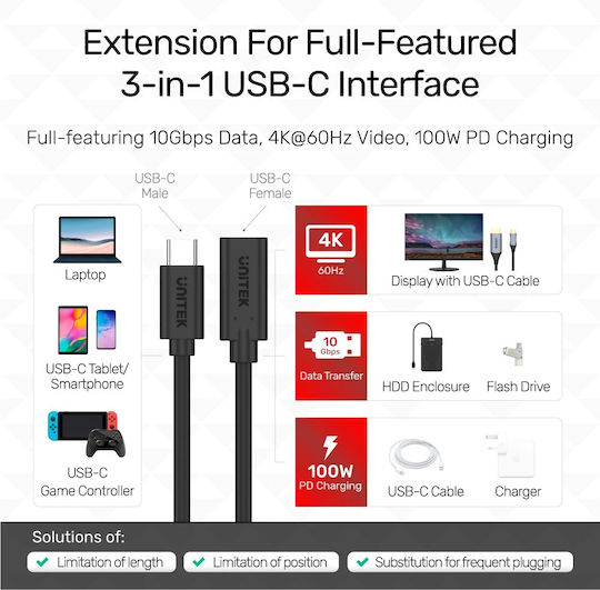 Unitek USB 3.2 Cable USB-C male - USB-C female 100W Μαύρο 1m (C14086BK-1M) - Image 7
