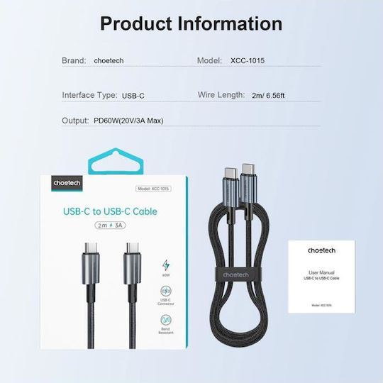 Choetech USB 2.0 Cable USB-C male - USB-C 60W Μαύρο 1.2m - Image 8