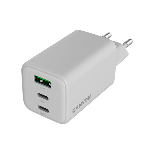 Canyon Φορτιστής Χωρίς Καλώδιο GaN με Θύρα USB-A και 2 Θύρες USB-C 65W Power Delivery Λευκός