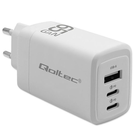 Qoltec Φορτιστής Χωρίς Καλώδιο GaN με Θύρα USB-A και 2 Θύρες USB-C 65W Power Delivery Λευκός (GaN 65W)