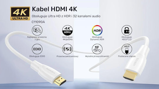 Unitek HDMI 2.0 Cable HDMI male - HDMI male 1m Λευκό C11090AWH03-1M - Image 8