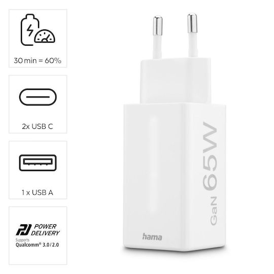 HAMA Φορτιστής Χωρίς Καλώδιο GaN με Θύρα USB-A και 2 Θύρες USB-C 65W Power Delivery Λευκός (00201996) - Image 7