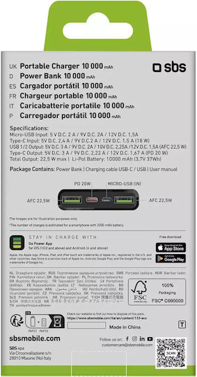 SBS Power Bank 10000mAh 20W με 2 Θύρες USB-A και Θύρα USB-C Power Delivery Μαύρο - Image 10